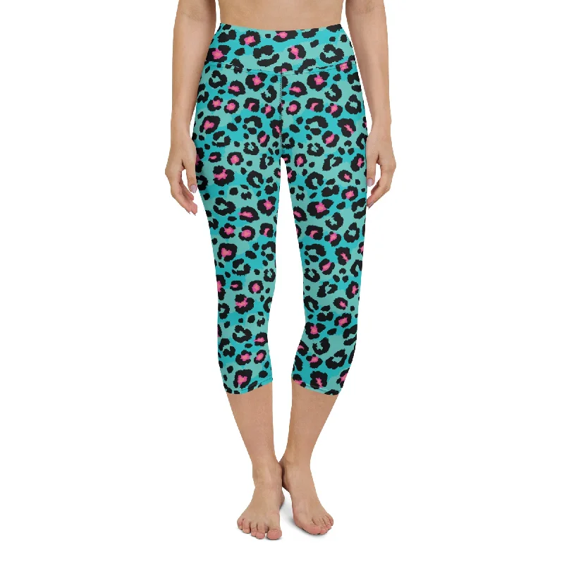 Thin Design Turquoise Leopard Print Yoga Capris
