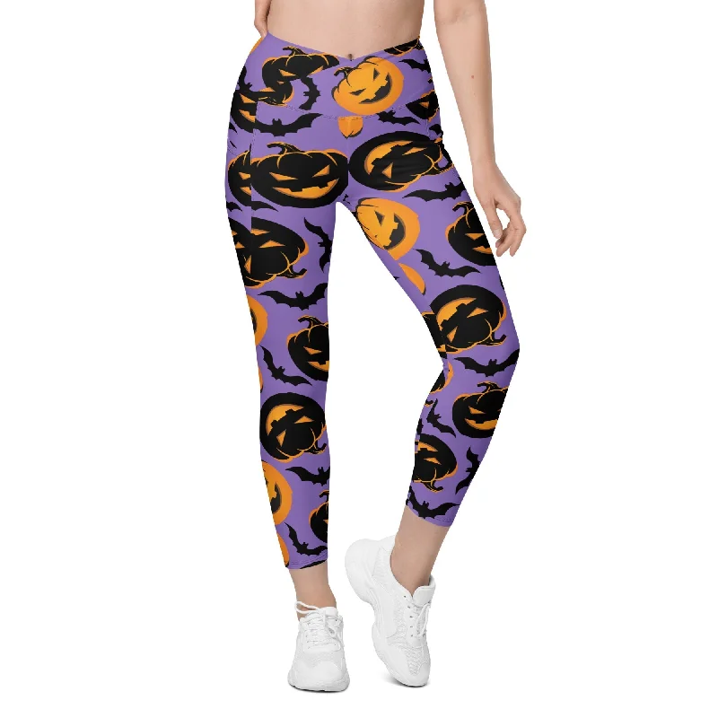 Noble Temperament Bats and Jack O'Lanterns Crossover Leggings With Pockets
