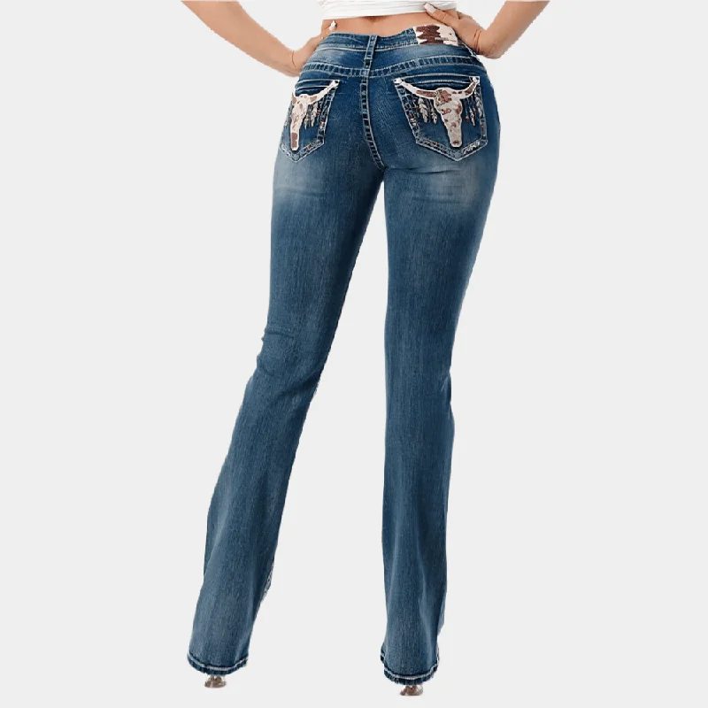 Outdoor Trend Grace In La Cowhide Stitching Easy Fit Bootcut Jeans