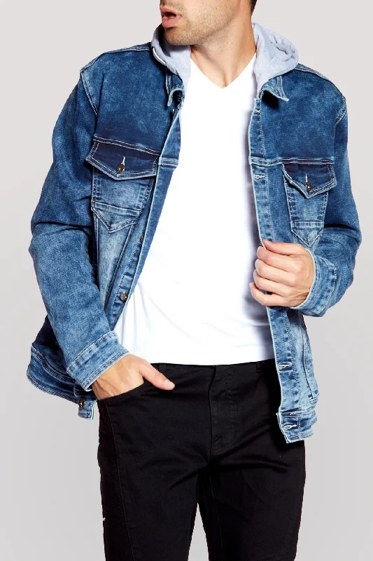 Effortless Comfort Men's Denim Jacket With Built-In Hood - Medium Blue Acid Wash