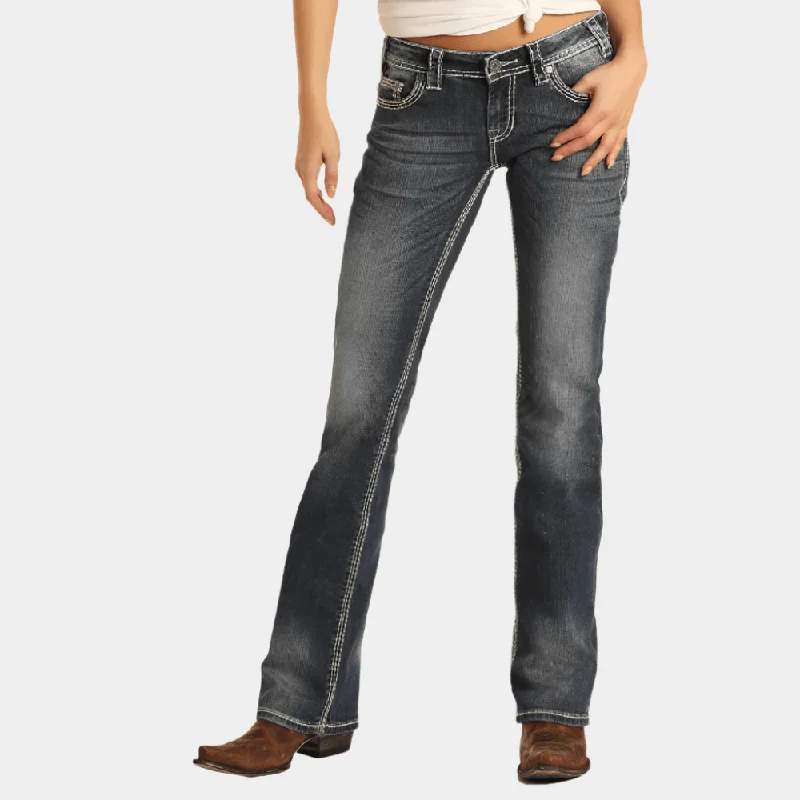 Relaxed Wear Rock and Roll Denim Mid Rise Bootcut Riding Jeans