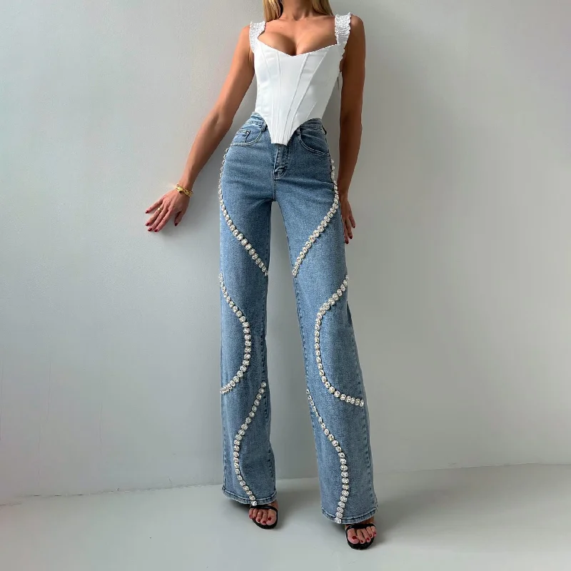 Energy Plan Loose Straight-cut Rhinestone Jeans With Design Sense