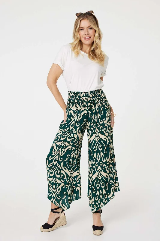 Fashion Comfort Printed Shirred Waist Wide Leg Trousers