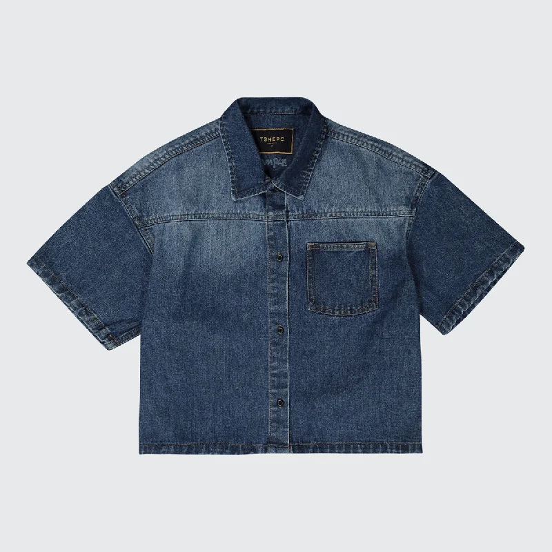 Body Design TSHEPO, LADIES CROPPED SHORT SLEEVE DENIM SHIRT, MID-BLUE