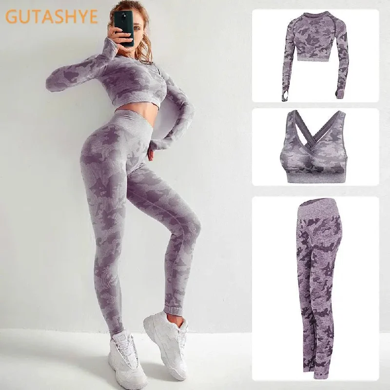 Urban Design Sense 3PCS/Set Camouflage Yoga Set Women Seamless Fitness Yoga Bra Sports Bra High Waist GYM Camo leggings Pants Fitness Suits Workout