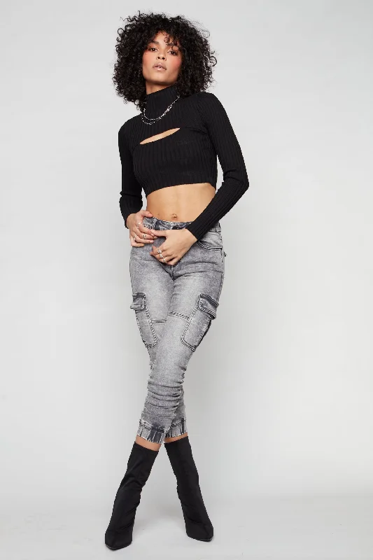 Bright Colors TARA - Ladies Cargo Jogger - Dark Grey Acid Wash