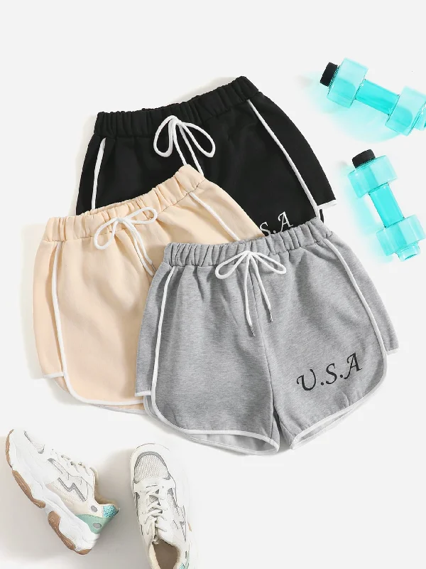 Exquisite Fabrics Sporty Letter Contrast Binding Natural Women Shorts