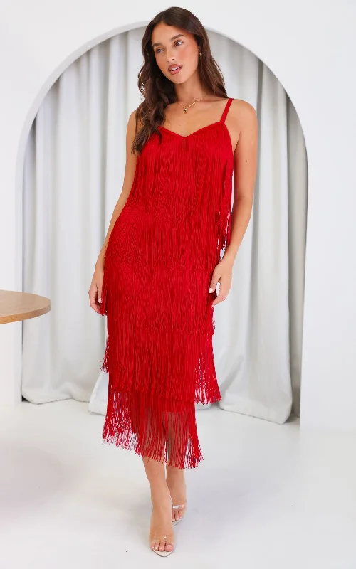 Exquisite Craftsmanship You Found Me Fringe Tassel Maxi Dress - Red