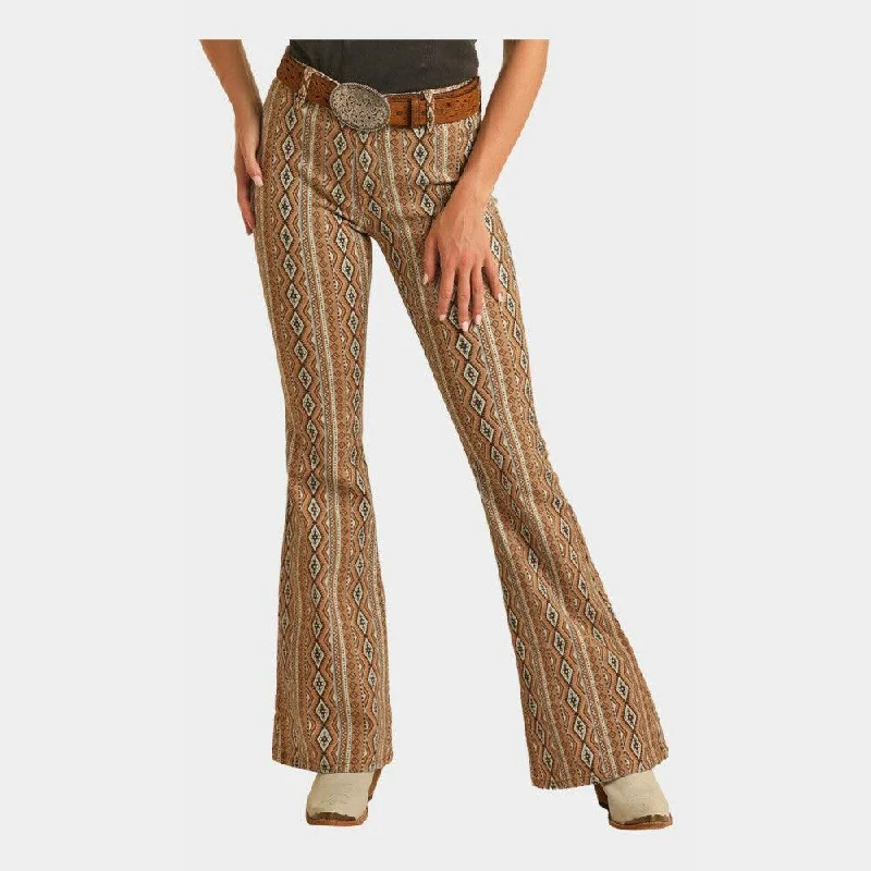 Unique Fashion Rock and Roll Denim Brown Aztec Flare Jean