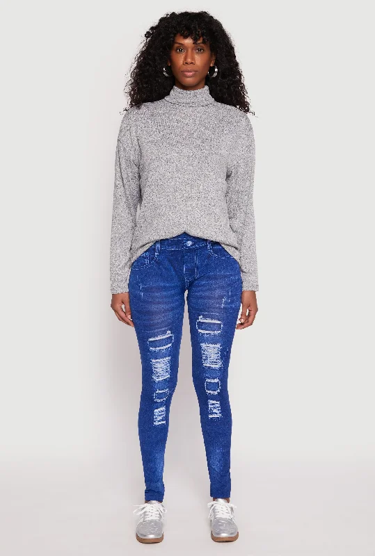 Integrated Design Distressed Denim Print High Waisted Jeggings