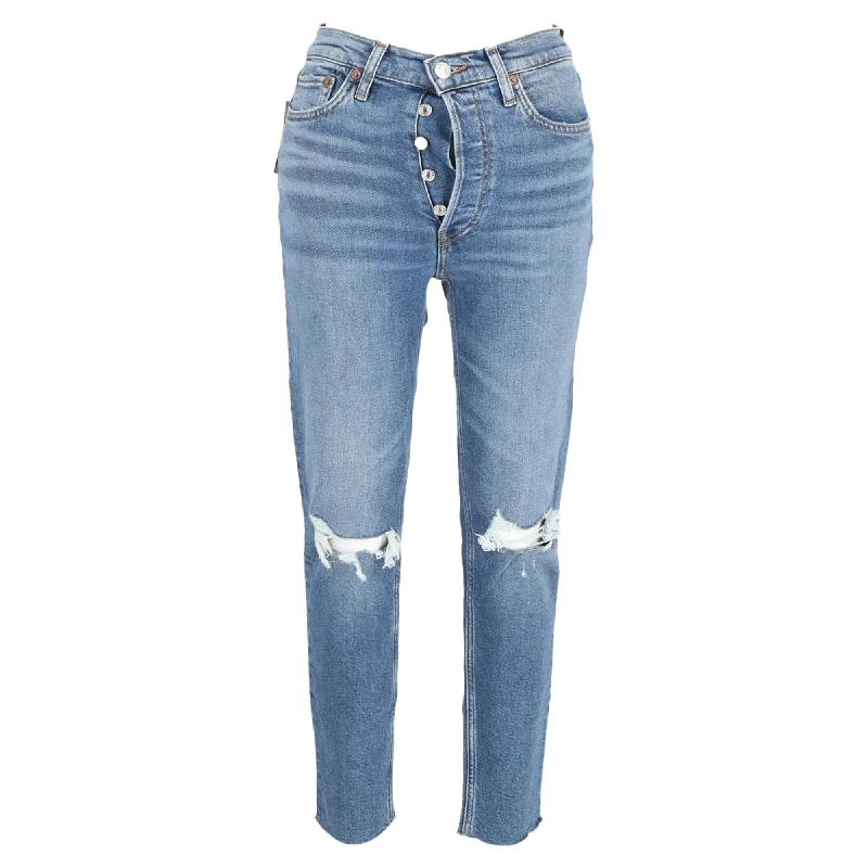 Loose Fit Re/Done Ripped Buttoned Slim-Fit Jeans in Blue Cotton Denim