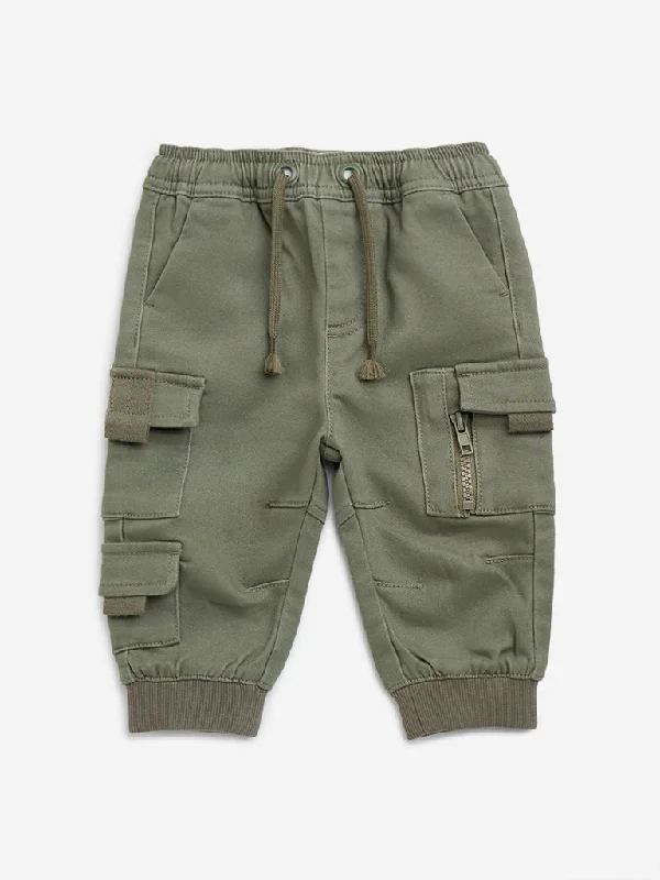 Comfy Chic HOP Baby Olive Cargo-Style Mid-Rise Cotton-Blend Joggers