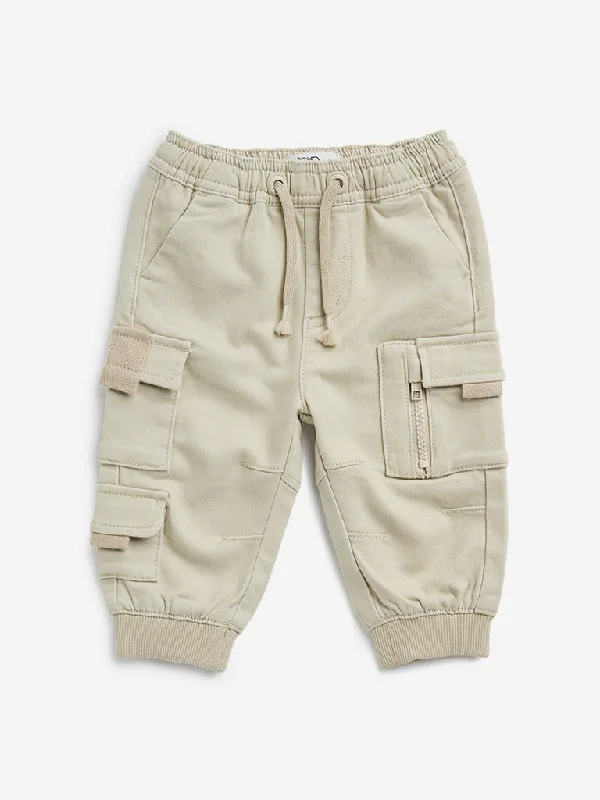 All-Day Comfort HOP Baby Beige Cargo-Style High-Rise Cotton-Blend Joggers