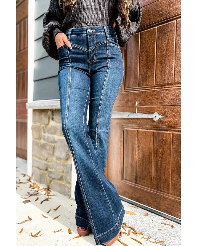 Classic Color Azura Exchange High Waist Flare Jeans with Seam Stitching and Pockets - 10 US Classic Color Azura Exchange High Waist Flare Jeans with Seam Stitching and Pockets - 10 US
