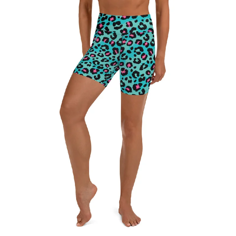 Stunning Fashion Turquoise Leopard Print Yoga Shorts