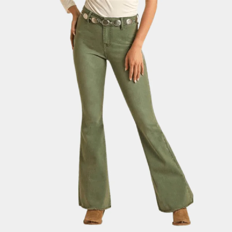 Stylish Comfort Rock and Roll Denim High Rise Distressed Army Green Flare Jeans