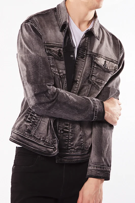 Modern Chic Slim Fit Classic Trucker Jean Jacket - Dark Grey Wash