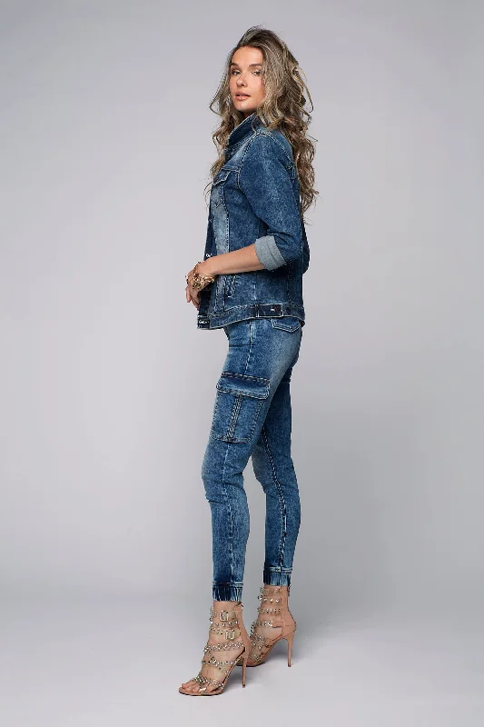Simple Style TARA - Ladies Cargo Jogger - Medium Blue Acid Wash