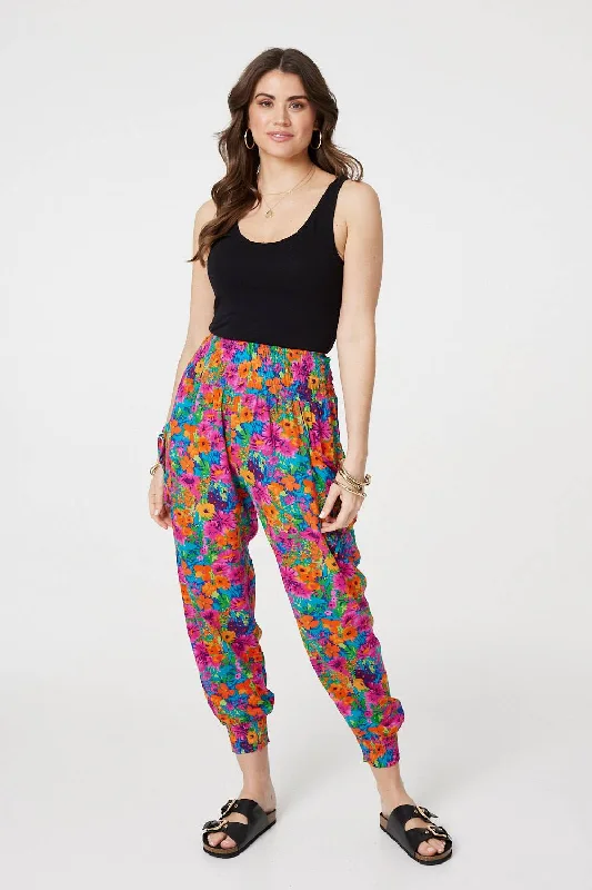 Exquisite Craftsmanship Floral Shirred High Waist Harem Pants