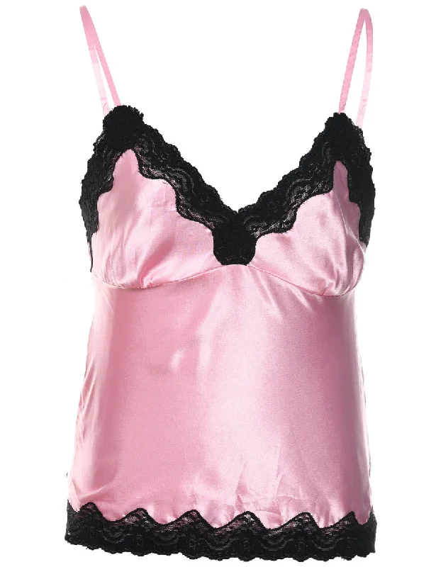 All-Day Comfort Shiny Pale Pink & Black Lace Trim Y2K Slip - M