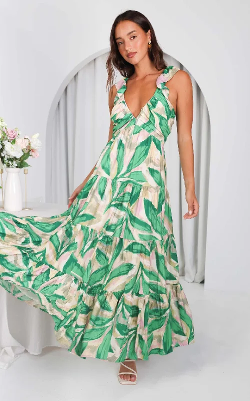 Fashion Design Polly Maxi Dress - Green Beige Multi Print
