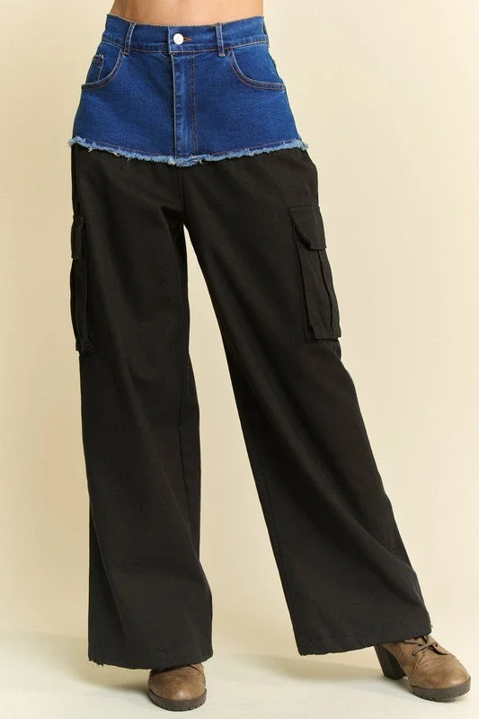 Cozy Layers Denim Patchwork Wide Leg Pants with Cargo Pockets