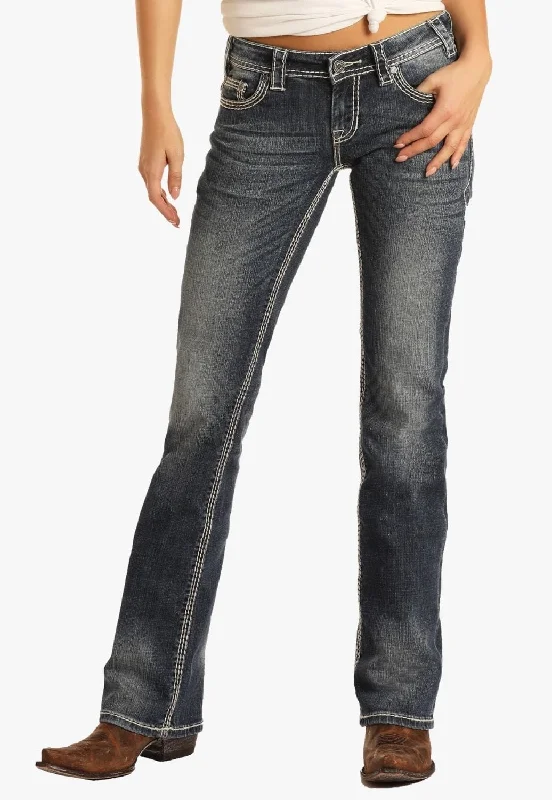 Unique Design Rock & Roll Womens Mid Rise Stretch Bootcut Jean