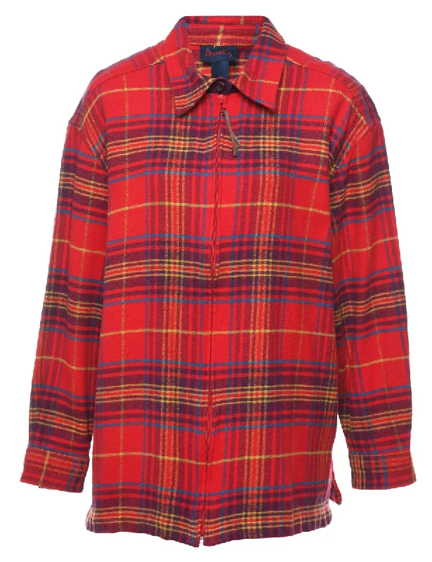 British Style Red Zip Front Checked Shirt - L