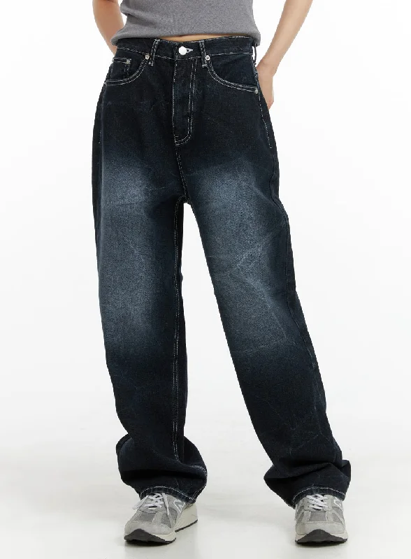 Classic And Versatile Graphic Lettering Dark Washed Baggy Jeans CM412