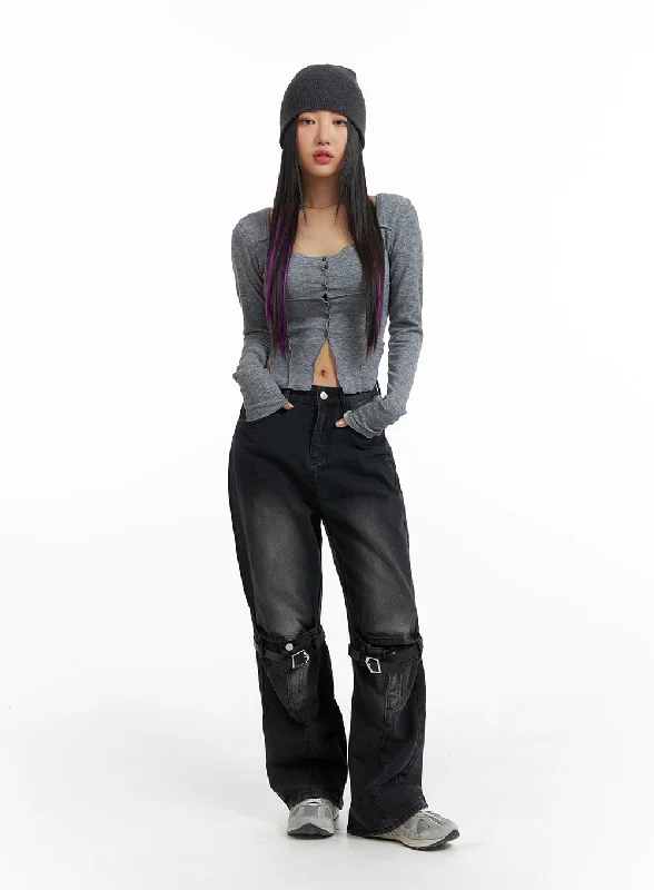 Street Cool Wide Leg Buckle Strap Jeans IM405