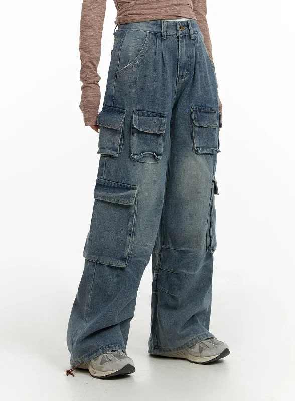 Elegant Wear High Waist Pocket Cargo Straight Leg Jeans CF416