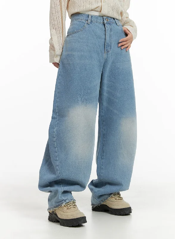 Fashion Style Distressed Hem Washed Wide Jeans CM419