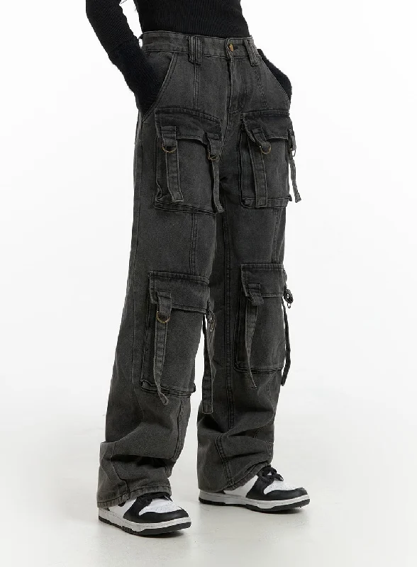 Must-have For Fashion Wide-Leg Washed Cargo Jeans CF415