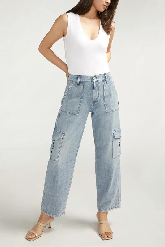 Simple Matching Utility Cargo Straight Leg Jeans In Indigo