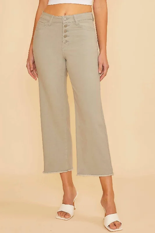 College Style Plus High Rise Stretch Button Up Cropped Wide Leg Denim Jeans In Sage