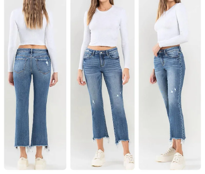 Sports Fashion Mid Rise Ankle Boot Cut Jeans In Blue