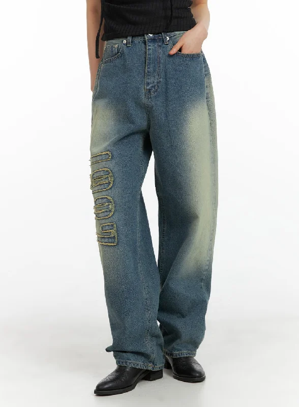 Sports Design Distressed Baggy Straight Jeans CM413