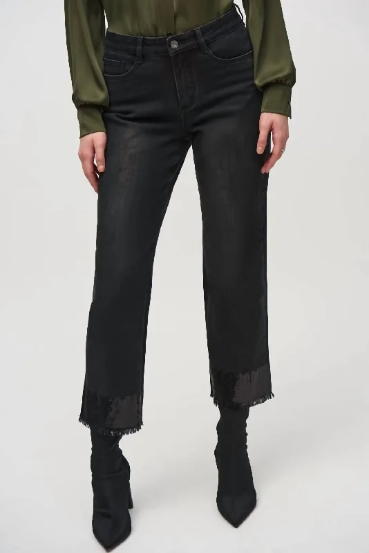 Romantic And Fresh Straight Crop Denim Pants With Sequin Trim In Black