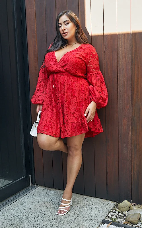 French Style Gardenia Lace Dress - Red