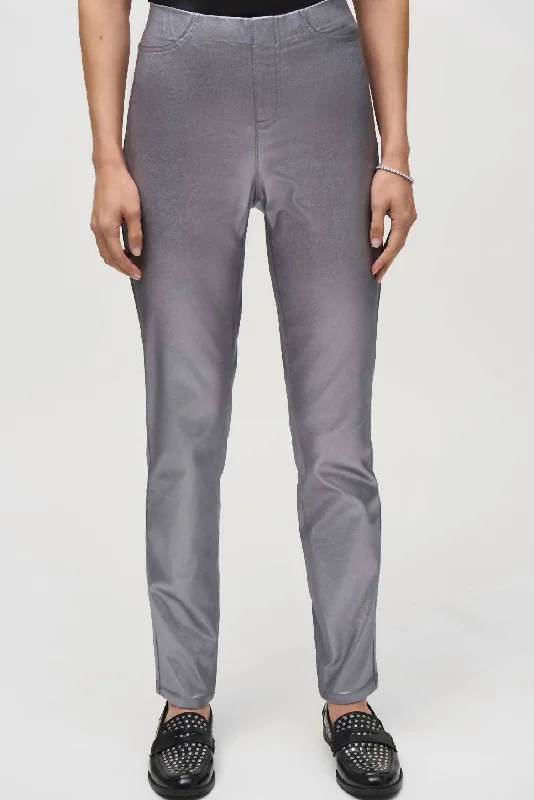 Casual Style Metallic Coated Classic Slim Denim Pants In Grey