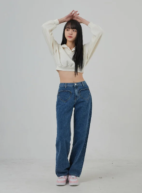 Noble And Elegant Heart Front Pocket Wide Jeans BJ302