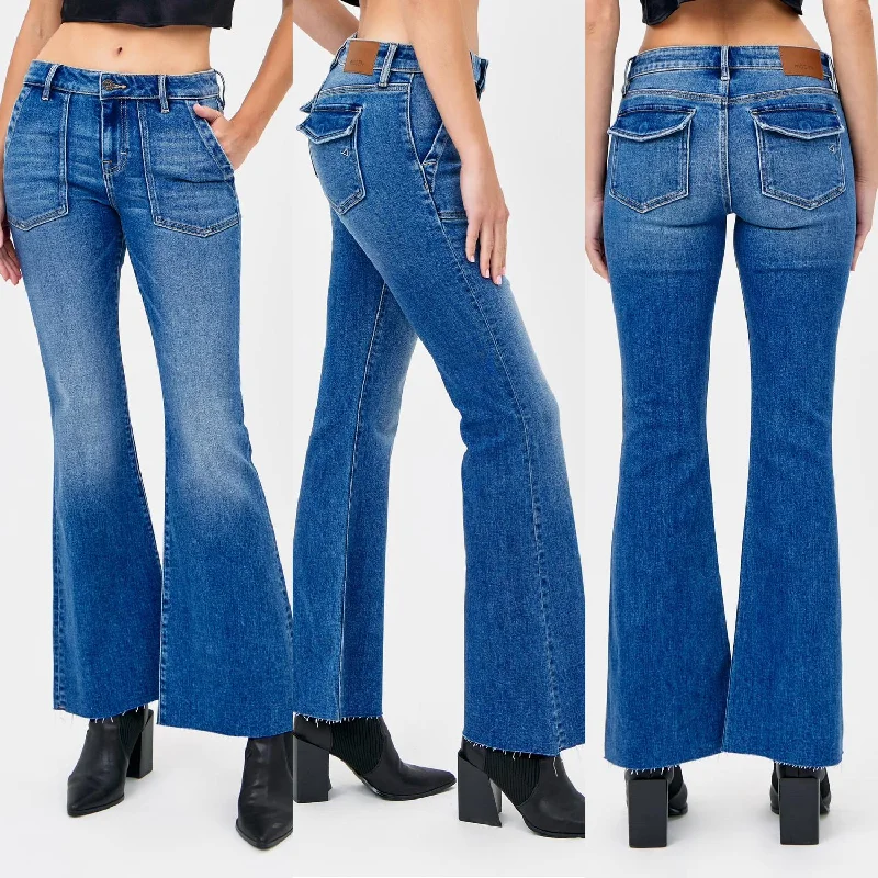 Designer Style Flare Jeans With Patch Pockets In Blue